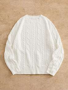 Mainfolk Men's Vintage Casual White Cable Knit Crew Neck Sweater, Autumn All-Match Versatile Pullover Knitwear, Elegant Graduation & Back-To-School Winter Sweater, For Spring - White - View 1