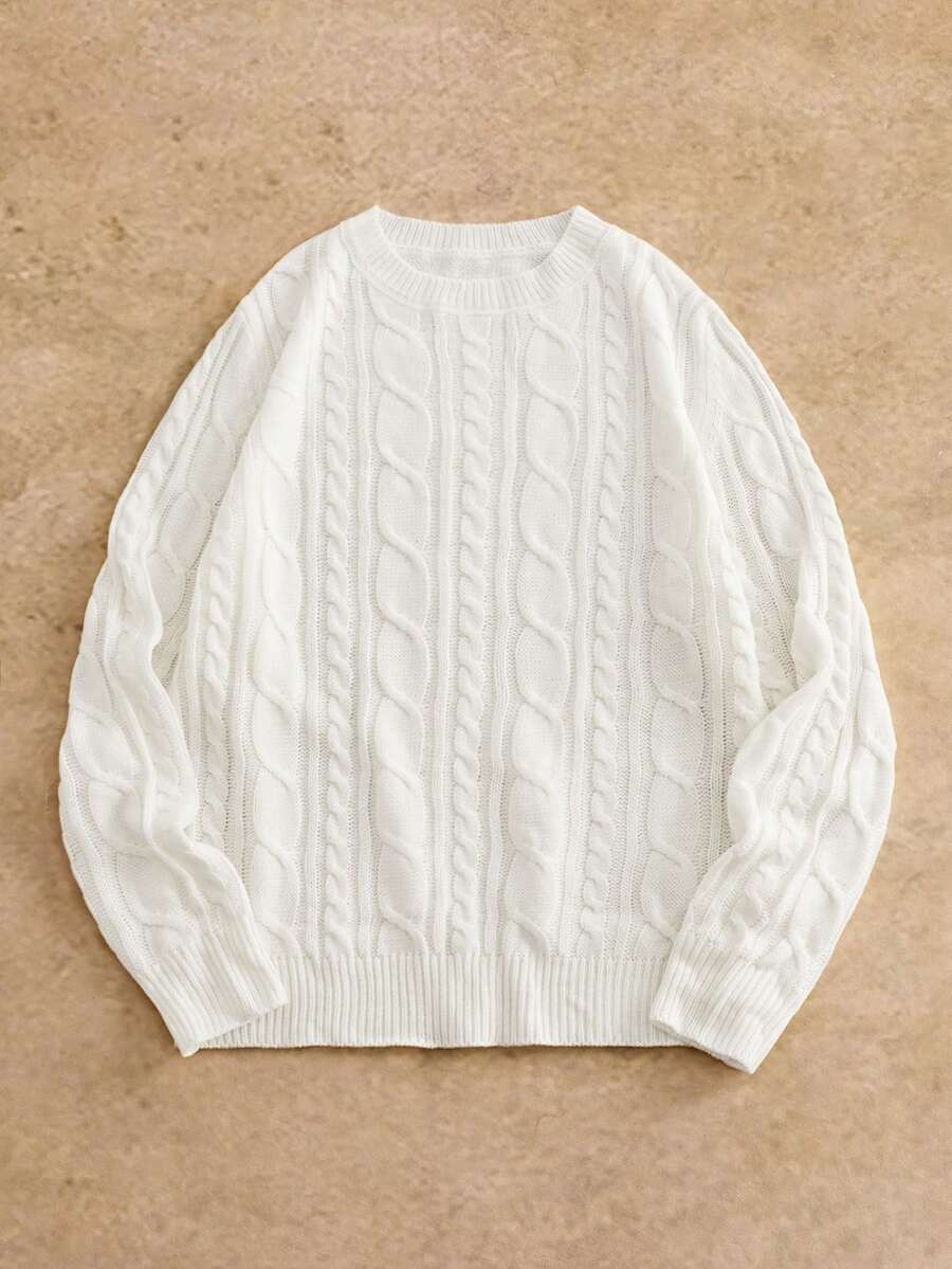 Mainfolk Men's Vintage Casual White Cable Knit Crew Neck Sweater, Autumn All-Match Versatile Pullover Knitwear, Elegant Graduation & Back-To-School Winter Sweater, For Spring - White - View 1