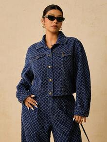 SHEIN PETITE CURVE Áo denim tay dài dáng rộng, đơn hàng cỡ lớn dành cho nữ, màu xanh lam, mùa đông, Giáng sinh, năm mới, lễ tạ ơn, đi làm, kỳ nghỉ, tốt nghiệp, sang trọng, thời trang đường phố, dễ thương, tiệc sân bay, đám cưới, thanh lịch, công sở, áo denim tối màu họa tiết thời trang - Màu xanh lam - Xem 7