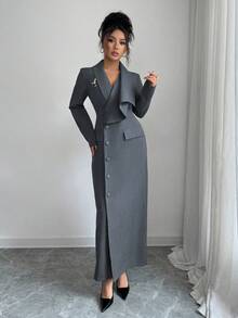 Elenzga Váy blazer cổ chữ V thiết kế bất đối xứng, thắt eo, viền xòe, hở phía trước, màu cà phê, phong cách thanh lịch kiểu Pháp, váy dài tay đa năng có ghim cài kim loại, thích hợp để đi làm - Xám - Xem 4