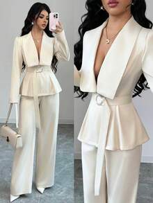 Elenzga Bộ vest nữ thu đông mới, tối giản, đa năng, thanh lịch, cao cấp gồm áo blazer cổ bẻ, trang trí kim loại, thắt eo và quần ống rộng. - Màu be - Xem 1