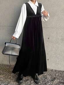 FRIFUL 女士纯黑色无袖露背镂空系带褶皱荷叶边连衣裙，秋冬长款连衣裙 - 黑色 - 查看 2