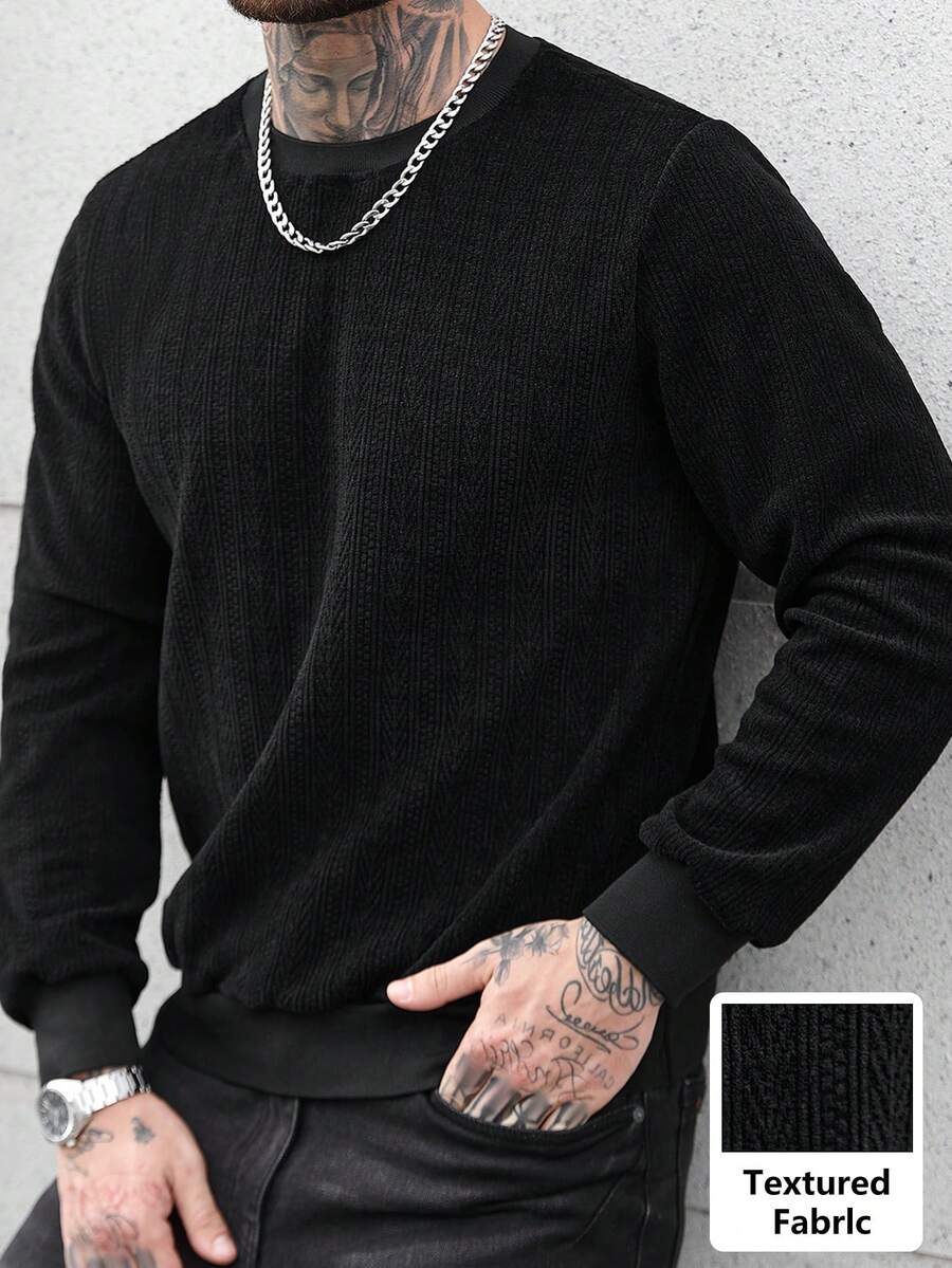 Manfinity CasualCool 男士纯色简约休闲圆领长袖套头卫衣 - 黑色 - 查看 1