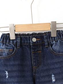 SHEIN Playful Pals 2024 New Young BoyCasual Versatile Personalized Street Cool Distressed Ripped Elastic Waist Fitted Washed Black & Grey Jeans, Suitable For Daily Wear Distressed Clothes Boys - Dark Wash - View 3