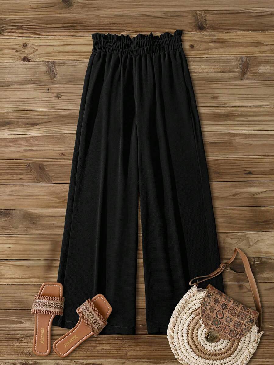 SHEIN PETITE Quần ống rộng họa tiết ngọc trai đen giản dị cho nữ, viền xếp nếp, cạp chun, túi bên hông, mùa xuân/hè - màu đen - Xem 1