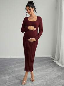 Momance 女士孕妇宽松方领罗纹喇叭下摆长袖针织毛衣连衣裙，舒适优雅 - 酒紅色 - 查看 4