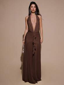 SHEIN BAE Shades Of Brown 夏季時尚派對深V領掛脖緊身抓皺女款網紗長洋裝，優雅正式派對雞尾酒會伴娘禮服 - 咖啡棕 - 查看 3