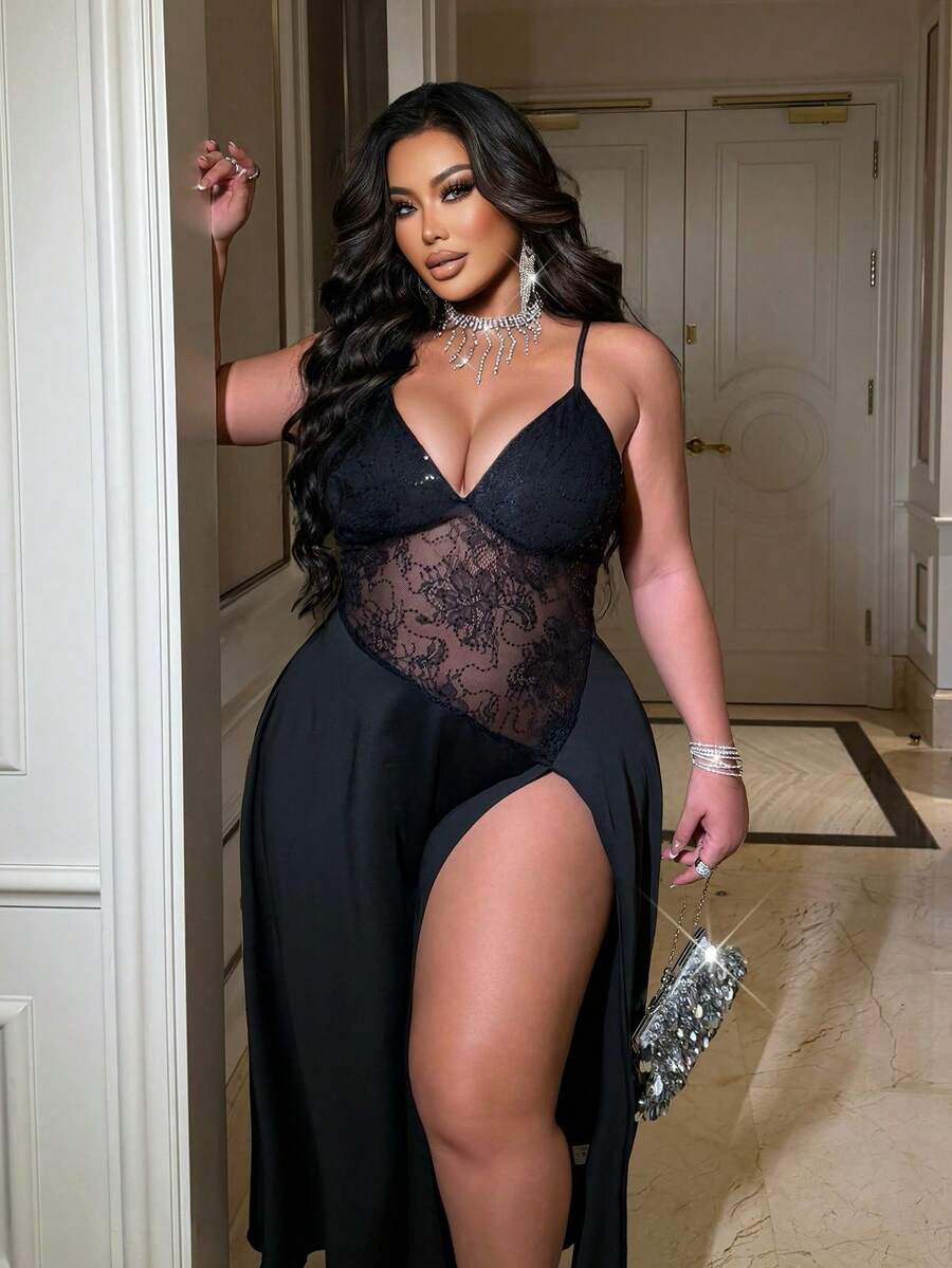 NU&NOW 加大码性感蕾丝露背V领时尚优雅连衣裙，红色，适合圣诞派对 - 黑色 - 查看 1