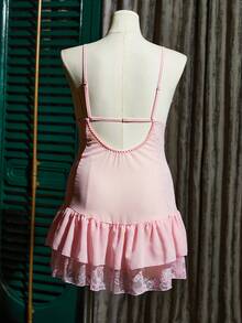 SilkySpell 性感时尚蕾丝拼接粉色大码睡裙，适合居家穿着 - 淺粉色 - 查看 8