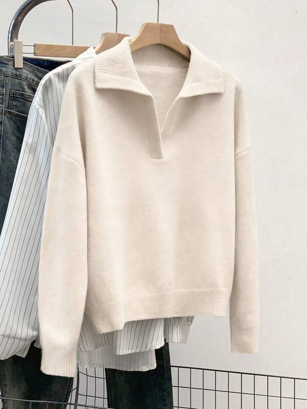 Franclia 时尚翻领纯色半拉链落肩长袖休闲针织套头毛衣