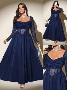 Viva Relle Váy maxi chữ A khoét eo màu đen dáng dài bằng vải satin ren dài tay dành cho nữ cỡ lớn, cổ xếp nếp, dáng ôm, thanh lịch, cổ điển, thường ngày - Màu xanh lam - Xem 1