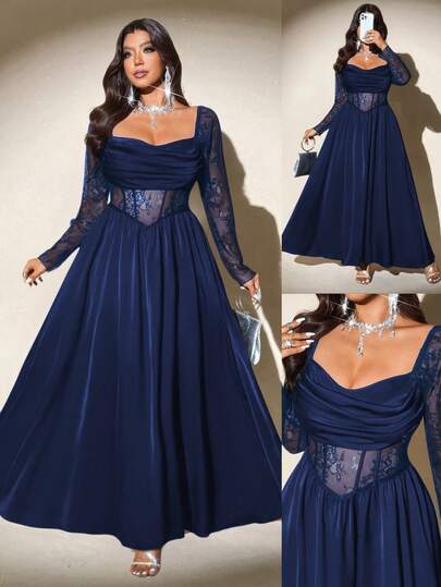 Viva Relle Plus Size Women's Draped Neck Long Sleeve Satin Lace Patchwork Hollow Out Midi A-Line Black Waist Dress, Elegant Vintage Casual Party Maxi Dress