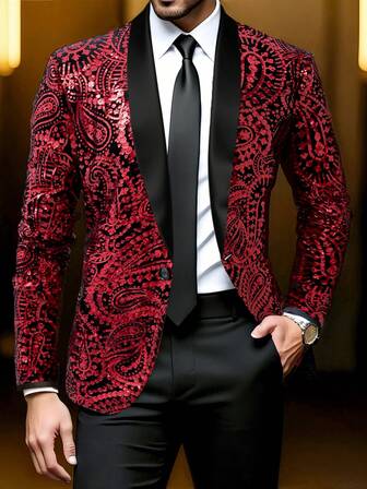Manfinity AFTRDRK Men's Fashionable Party Sequin Jacket And Pants Suit Set Men Evening Wear Wedding Jacket For Men Black And Red Suit Men Red Blazer Men Red Outfit For Men Dressy