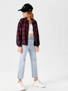 SHEIN 少女宽松休闲简约舒适格子领长袖衬衫 - 彩色 - 查看 3