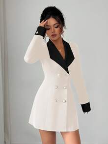 SHEIN Tall Minimalist High-End Black & White Contrast Woven Long Sleeve Open Front Double-Breasted Mid-Length Dress For Women, Suitable For Evening Gala, Sisters Gathering, Night Date White Blazer Dress Tuxedo Dress Women Suit Dress Long Sleeve Elegant Dress White Suits For Woman - Apricot - View 4