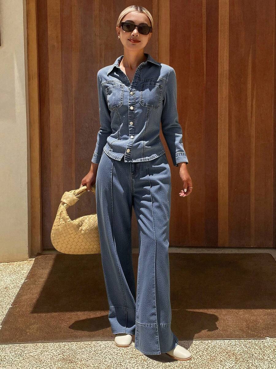 Livesso Autumn/Winter New Loose Casual Urban Style Women Denim 2 Pieces Set - Blue - View 1