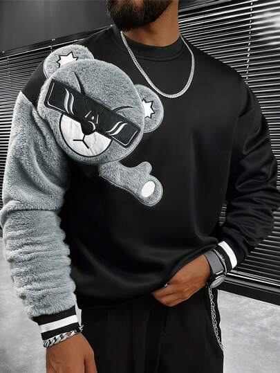 Manfinity Homme Loose Fit Men's Crew Neck Drop Shoulder Long Sleeve Casual Bear Pattern Pullover Sweatshirt Mens Designer Sweatshirt Mens Graphic Sweatshirt Mens Luxury Tops Mens Teddy Bear Sweatshirt Mens Crewneck Sweatshirt ,Daily Leisure, Weekend Trips, Outdoor Activities, Travel Expeditions, Relaxed Work Environments Or Semi-Formal Occasions, Boyfriend/Husband Gift, Anniversary /Birthday Gift Party Christmas New Years