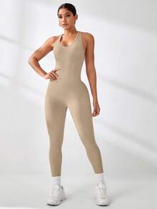 Core Rhythm Bộ đồ liền thân thể thao hở lưng chéo màu trơn gợi cảm dành cho nữ - Màu Khaki - Xem 2
