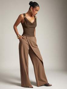 Hauture Women's Basic Casual Office Ruched Shoulder With Gold Decor Cowl Neck Top - Brown - View 5