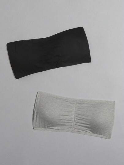 ROMWE 2件套女士纯色褶皱无钢圈抹胸文胸套装