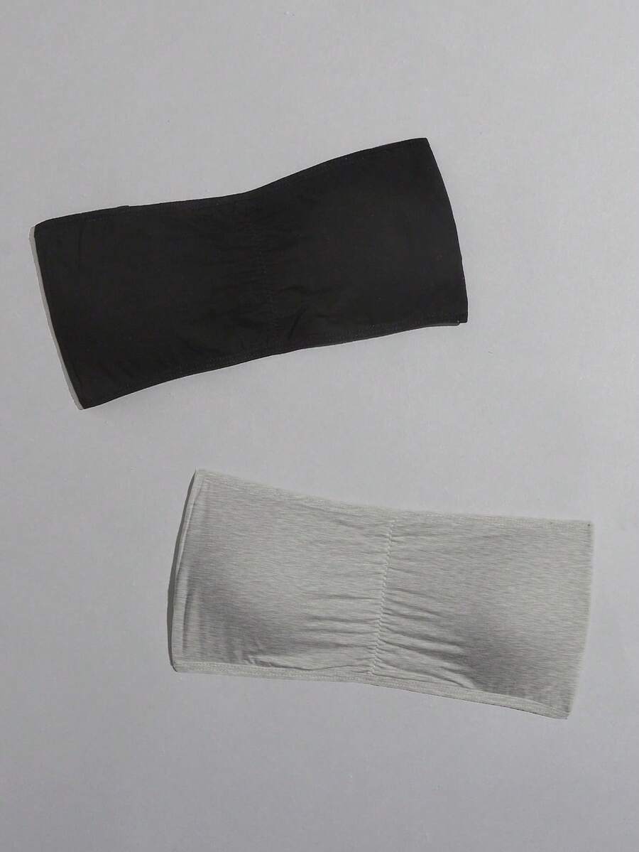 ROMWE 2件套女士纯色褶皱无钢圈抹胸文胸套装