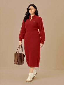 SHEIN LUNE 大码女式针织毛衣连衣裙，纯色针织海马图案，秋冬季休闲百搭，适合圣诞节、万圣节、返校季等场合。 - 紅色 - 查看 5