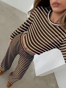 Aloruh Bộ đồ ngủ thường ngày dành cho nữ, gồm áo thun dài tay bó sát kẻ sọc nâu và quần ống đứng kẻ sọc rộng rãi, trang phục sang trọng để mặc hàng ngày và chơi thể thao, mùa thu/đông - Cà phê nâu - Xem 8