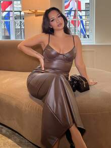 NegzBox Autumn/Winter Solid Brown/Coffee PU Leather Sexy Minimalist Bustier Corset Bodysuit, Fitted Long Strap Dress Suitable For Cocktail Party, Romantic Date, Layering Dress, Party, Nightclub, Halloween, Christmas - Coffee Brown - View 4