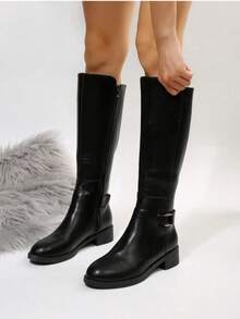 Botas de mujer moda hebilla punta redonda sin cordones tacón bajo estilo ecuestre otoño invierno casual botas altas negras - Negro - Ver 1