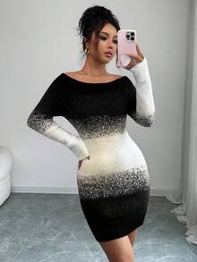 Rafferiza 优雅性感修身渐变色提花露肩长袖连衣裙，大地色系，露肩长袖蓬松修身棕色百搭简约婚礼宾客装扮，秋冬女士毛衣连衣裙 - 黑與白 - 查看 5