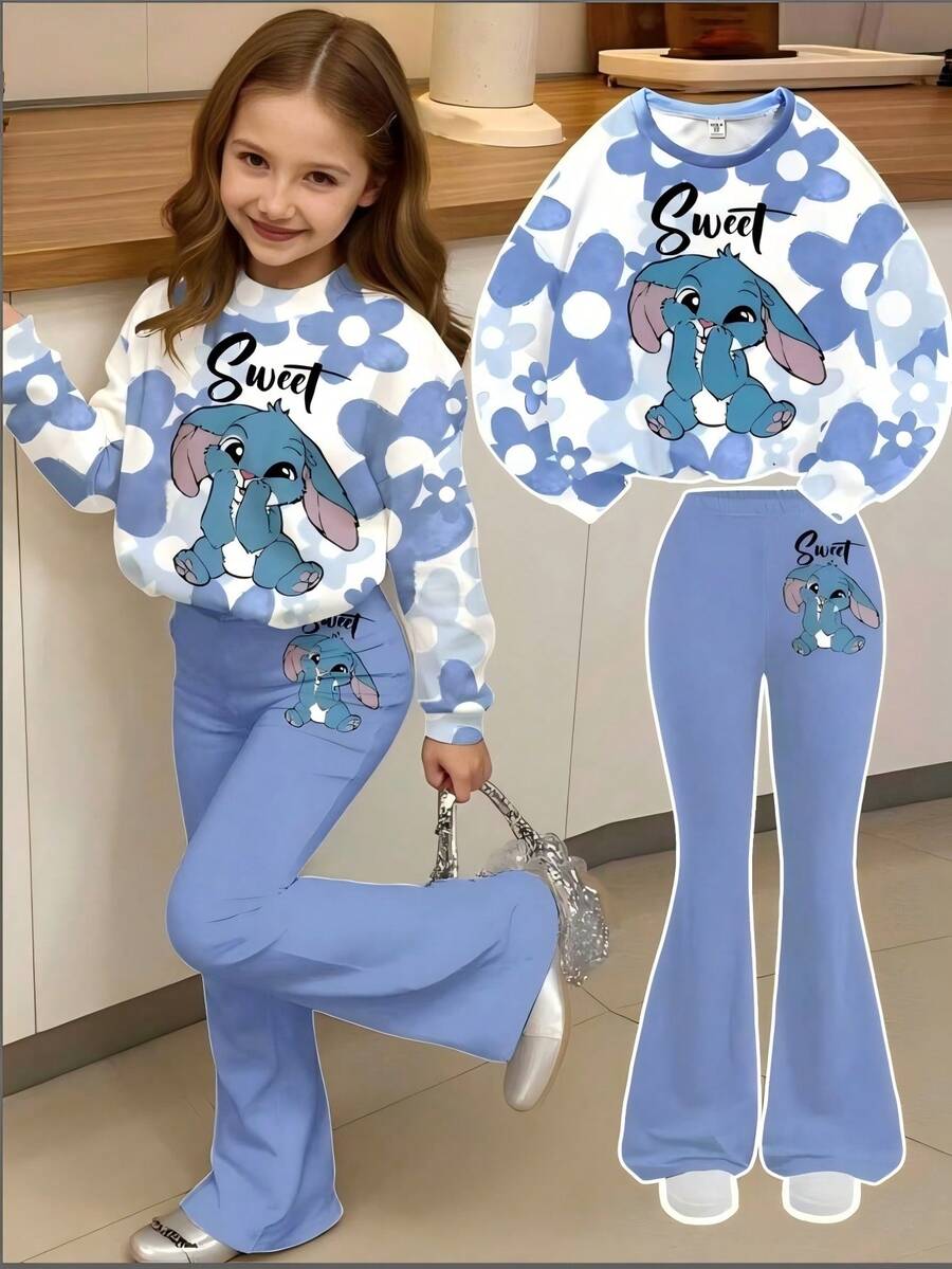 SHEIN Leap Crew 可爱卡通蓝色兔子图案，蓝色渐变花卉，少女休闲宽松圆领长袖卫衣和喇叭裤两件套，返校季，2000年代风格，Y2K，韩版风格，秋季/秋季，返校节，冬季，颓废风，条纹，舒适休闲，时尚童装，嬉皮音乐节 - 彩色 - 查看 1