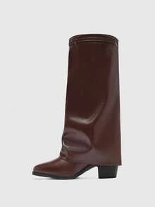 CUCCOO BIZCHIC 女士咖啡色方头粗跟高筒靴，简约通勤风过膝靴 - 棕色 - 查看 10