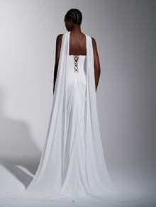 Elitara 优雅蕾丝拼接雪纺二合一心形领口美人鱼婚纱，带荷叶边拖尾 - 白色 - 查看 4