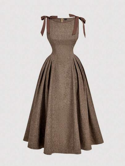 SHEIN MOD Plus Size Crew Neck Sleeveless Contrast Trim Bow Decor Waist Flare Hem Khaki Casual Dress