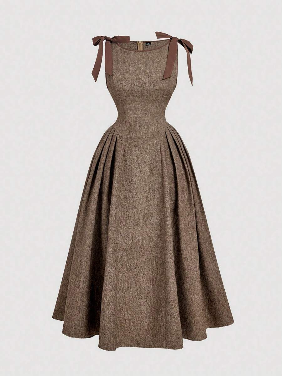 SHEIN MOD 加大码圆领无袖撞色饰边蝴蝶结腰部喇叭下摆卡其色休闲连衣裙