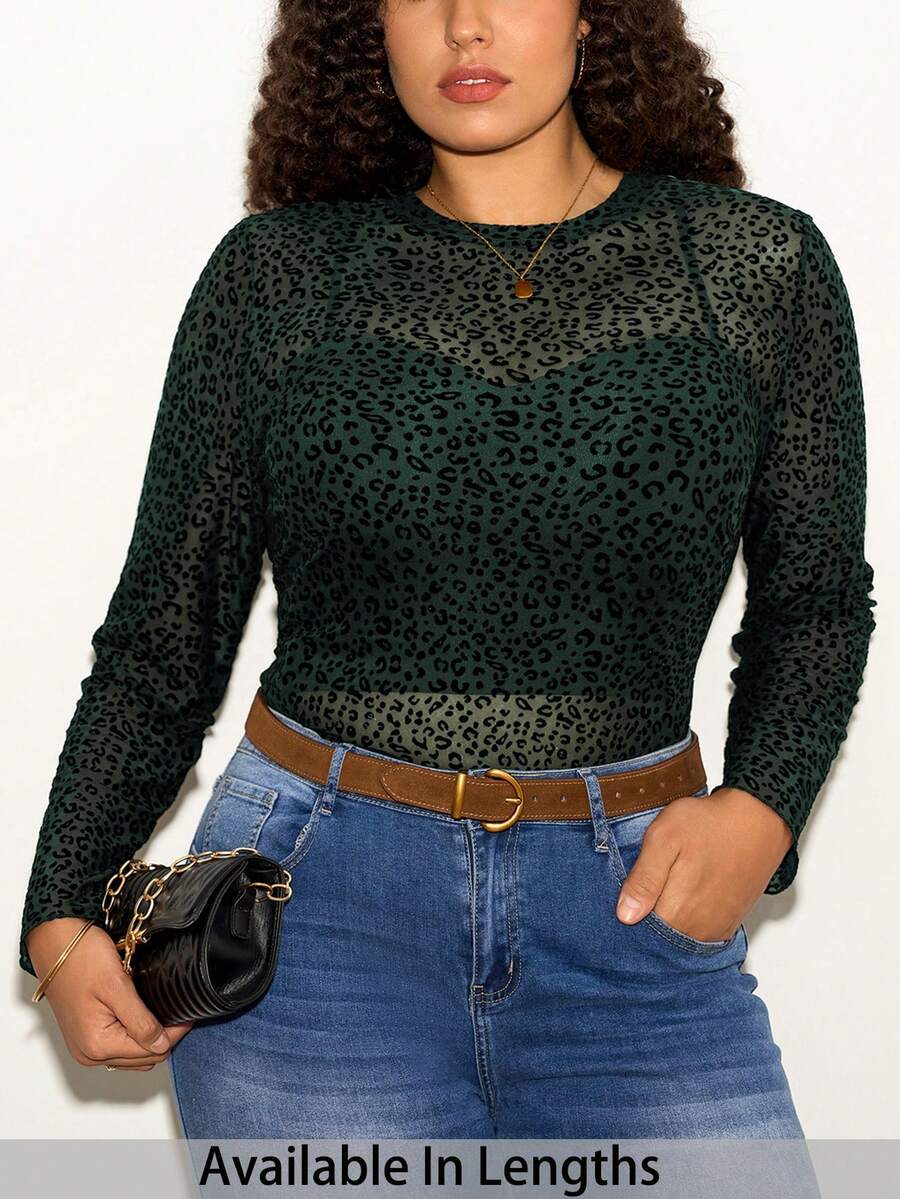 SHEIN Tall CURVE Áo thun dài tay họa tiết da báo cỡ lớn dành cho nữ - màu xanh lá - Xem 1