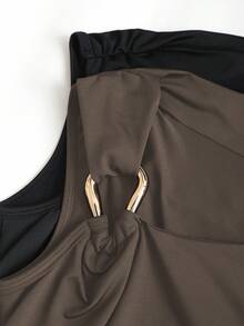 Sweetra 2pcs/Set Asymmetric Collar Fitted T-Shirt, Versatile Casual Top, Spring/Summer - Multicolor - View 4