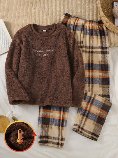 Tween Boys Pajamas Set 2-Piece Set - Brown Teddy Fleece Letter Embroidery Plaid Pants Pajamas Comfortable Letter Print Crew Neck Design Brown Plaid Classic Color Teddy Fleece Warm Fabric Long Sleeve Crew Neck Top Plaid Pants Letter Embroidery Combo Social Media Style Casual 2026 New Year Holiday Essential  Tween Boys Pajamas Set