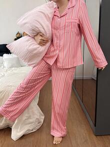 SHEIN Women's Turndown Collar Striped Print Loose Long Sleeve Pajama Set Striped Pajama Set Striped Pjs - Multicolor - View 5