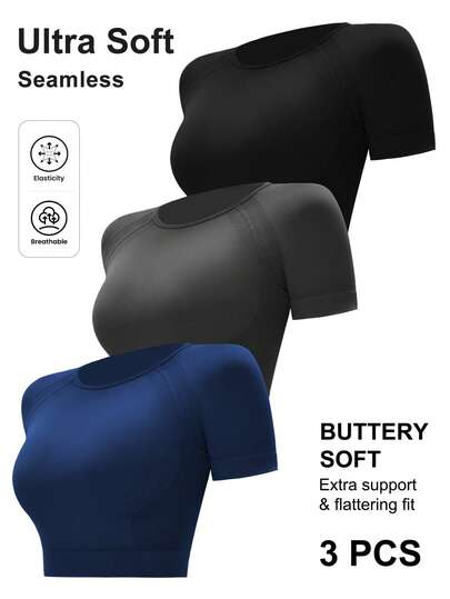 SHEIN Velisys 3pcs Women's Minimalist Solid Color Raglan Short Sleeve Fitted Cropped Breathable Seamless Sports T-Shirts, Summer