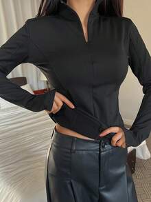 DAZY Women's Fitted Ribbed Collar Cardigan Long Sleeve Casual T-Shirt With Lining - Black - View 3