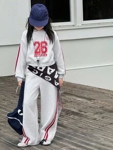 Dazy Kids 少女圆领抓绒印花卫衣套装，秋季穿搭，冬季 - 灰色 - 查看 6