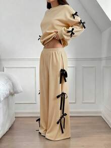 SHEIN EZwear 女士休闲宽松杏色蝴蝶结装饰两件套，冬季两件套 - 杏色 - 查看 3