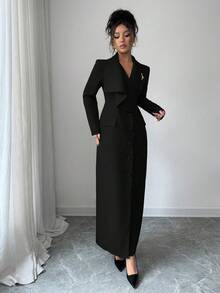 Elenzga Váy blazer cổ chữ V thiết kế bất đối xứng, thắt eo, viền xòe, hở phía trước, màu cà phê, phong cách thanh lịch kiểu Pháp, váy dài tay đa năng có ghim cài kim loại, thích hợp để đi làm - màu đen - Xem 4