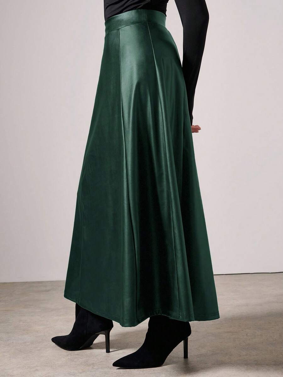 COSMINA 女士优雅高贵PU皮长裙，适合工作通勤、秋冬季穿着 - 墨綠色 - 查看 1