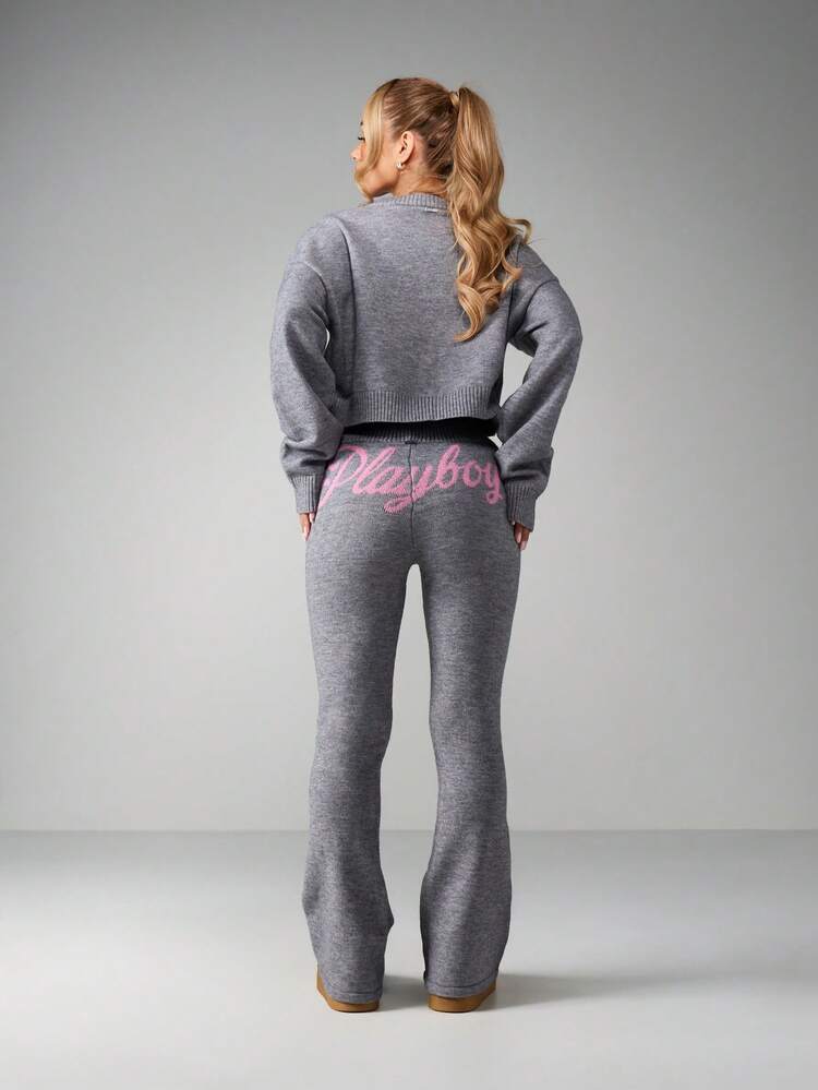 Missguided x Playboy Script Knitted Cropped Jumper And Flared Leggings Matching Co-Ord Set Winter Loungewear Outfit