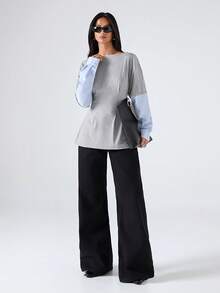 LYSMO 2026 New Arrive Minimalism Spring/Summer Women's Color Block Simple Long Sleeve T-Shirt, Everyday Wear Sleeve Top Modest Top Women's Grey Tops Long Sleeve Top Bell Sleeves - Light Grey - View 4