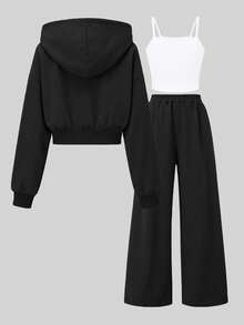SHEIN 3 件套女士休闲简约吊带背心、短款拉链连帽衫和阔腿裤套装，适合日常穿着 - 黑色 - 查看 2