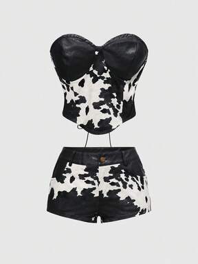 Grunge Punk Vintage Western Animal Print Patchwork PU Crop Top & Mini Shorts 2 Pieces Set For Women