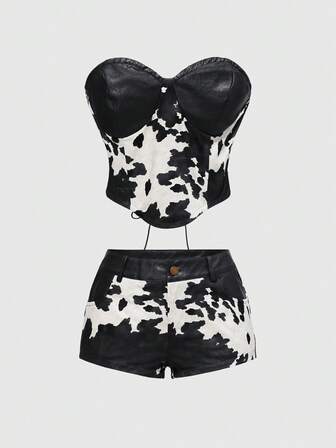 Grunge Punk Conjunto de 2 piezas de top corto y shorts mini con estampado de animal de estilo vintage western de patchwork de PU para mujeres